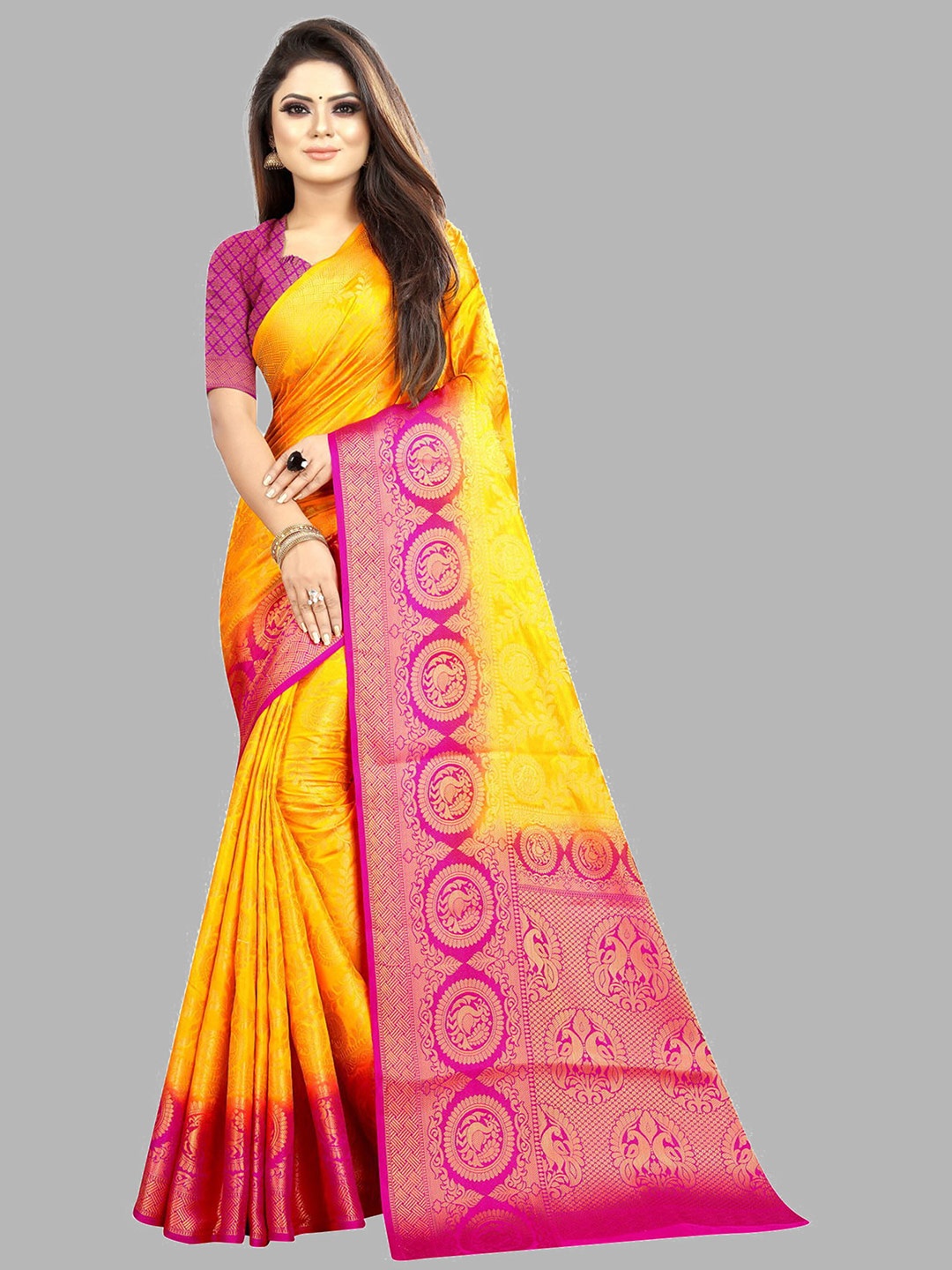 

nirja Fab Women Yellow & Pink Floral Zari Silk Cotton Banarasi Saree
