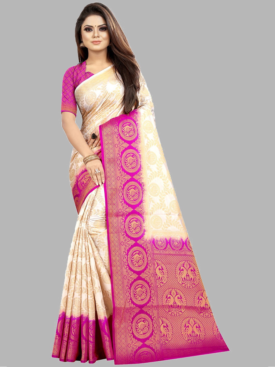 

nirja Fab White & Pink Woven Design Zari Silk Cotton Banarasi Saree