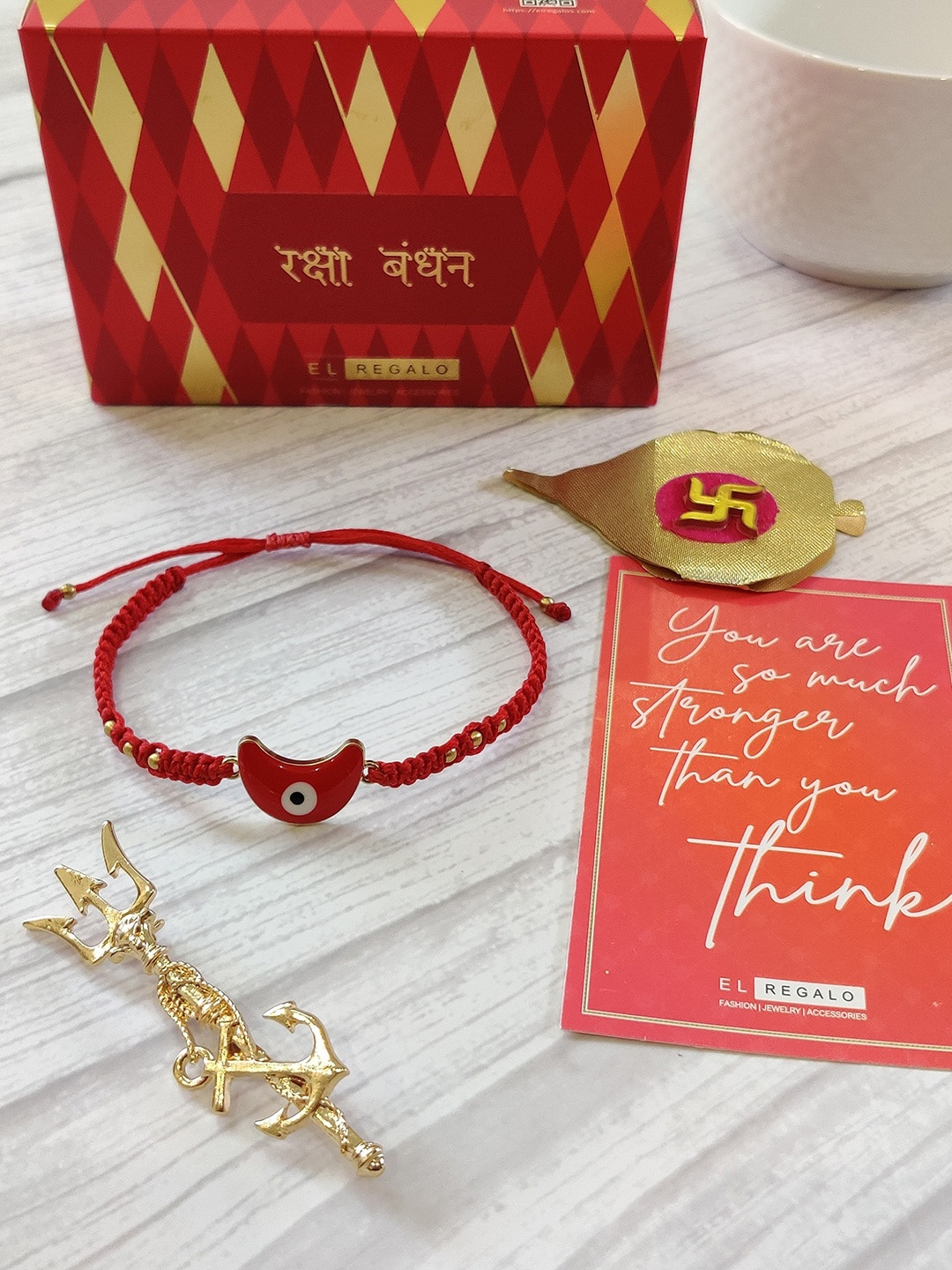 

EL REGALO Red & Gold Evil Eye Embellished Rakhi Combo