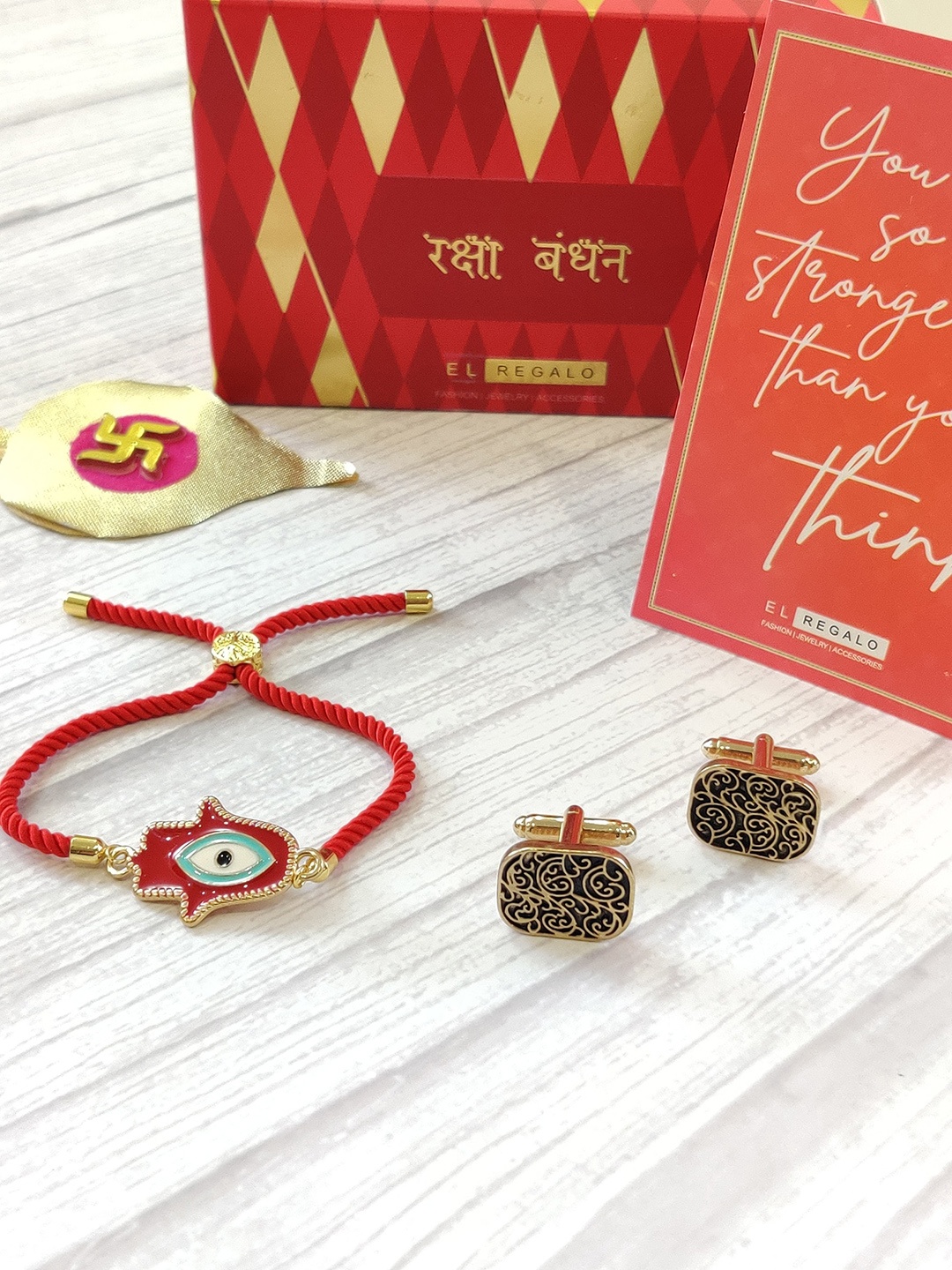 

EL REGALO Red & Blue Stone-Studded Rakhi Gift Set