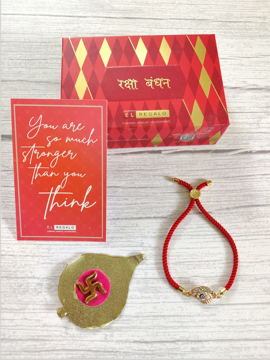 

EL REGALO Red & Gold-Toned Stone-Studded Rakhi Gift Set