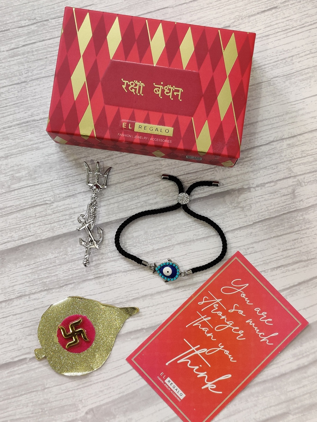 

EL REGALO Men Blue & Black Evil Eye Drawstring Rakhi with Broch & Greeting Card