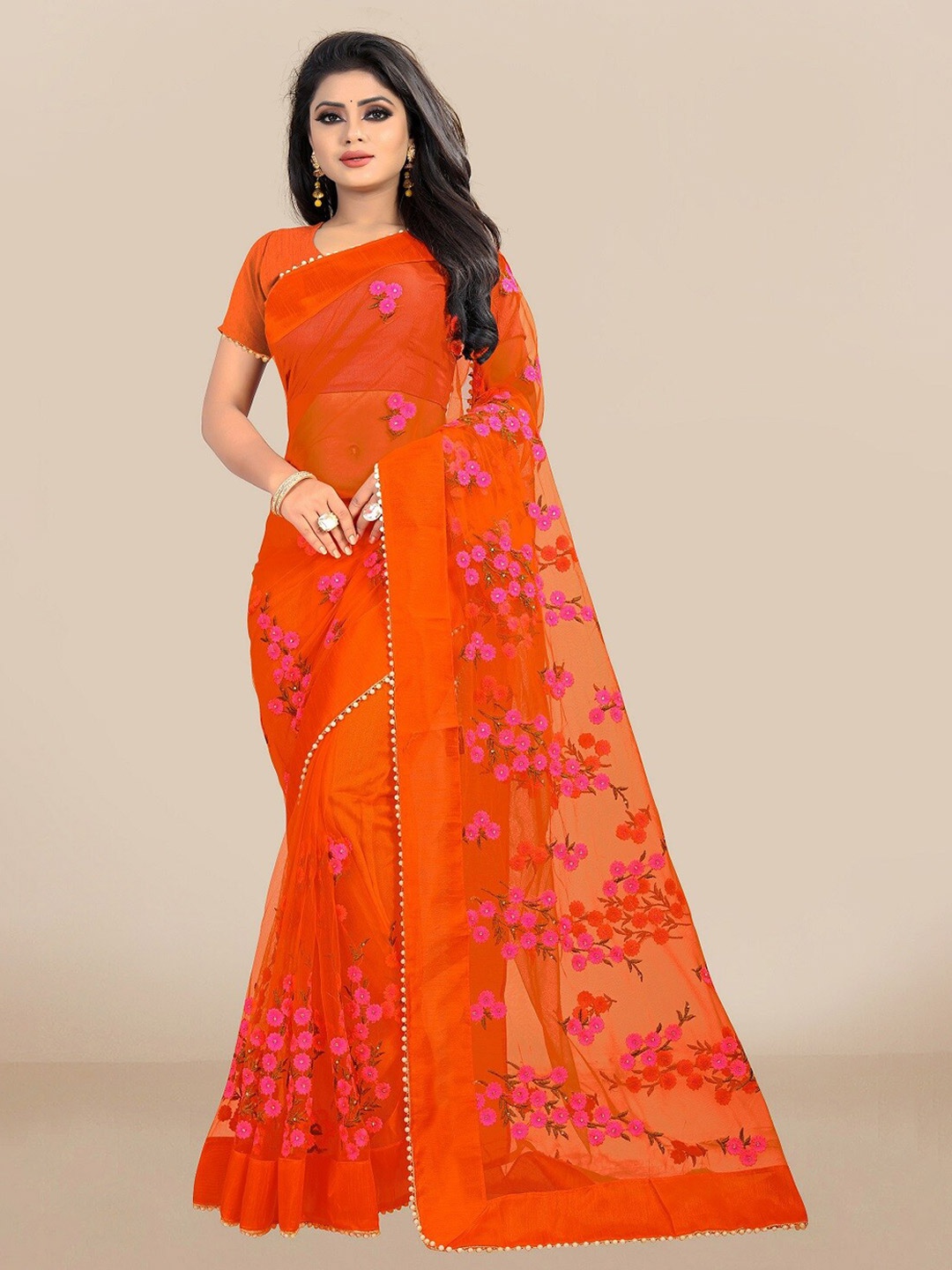 

JSItaliya Orange Floral Embroidered Net Saree