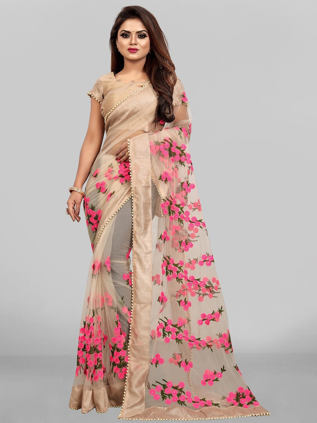 

JSItaliya Beige & Pink Embellished Embroidered Net Saree
