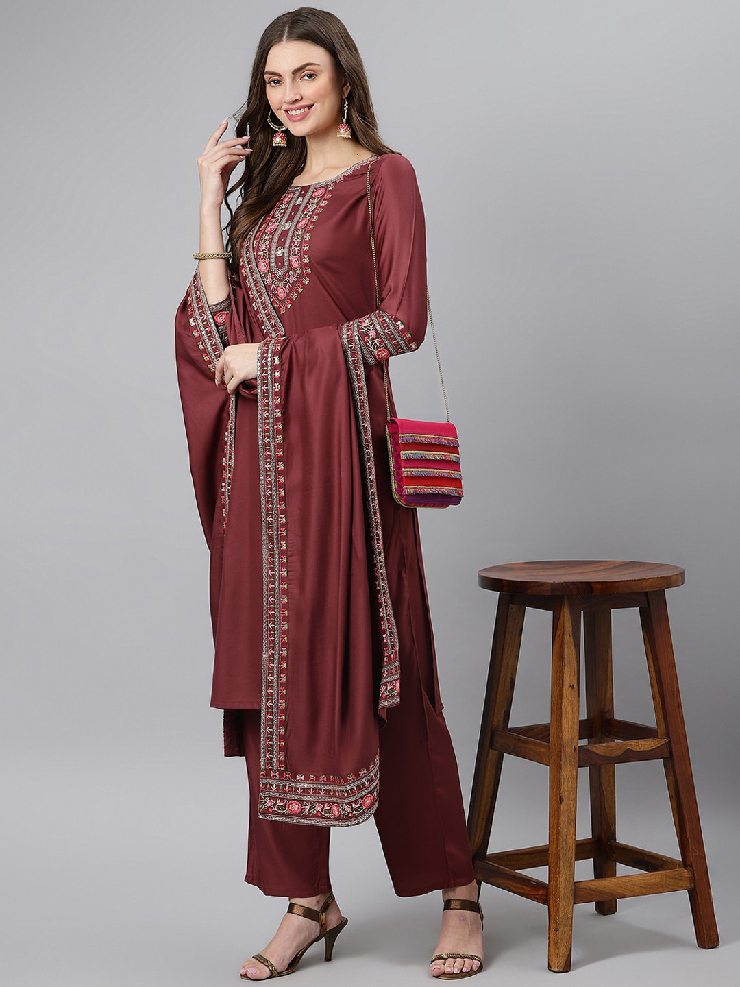 

Khushal K Women Burgundy Floral Yoke Design Panelled Kurta with Trousers