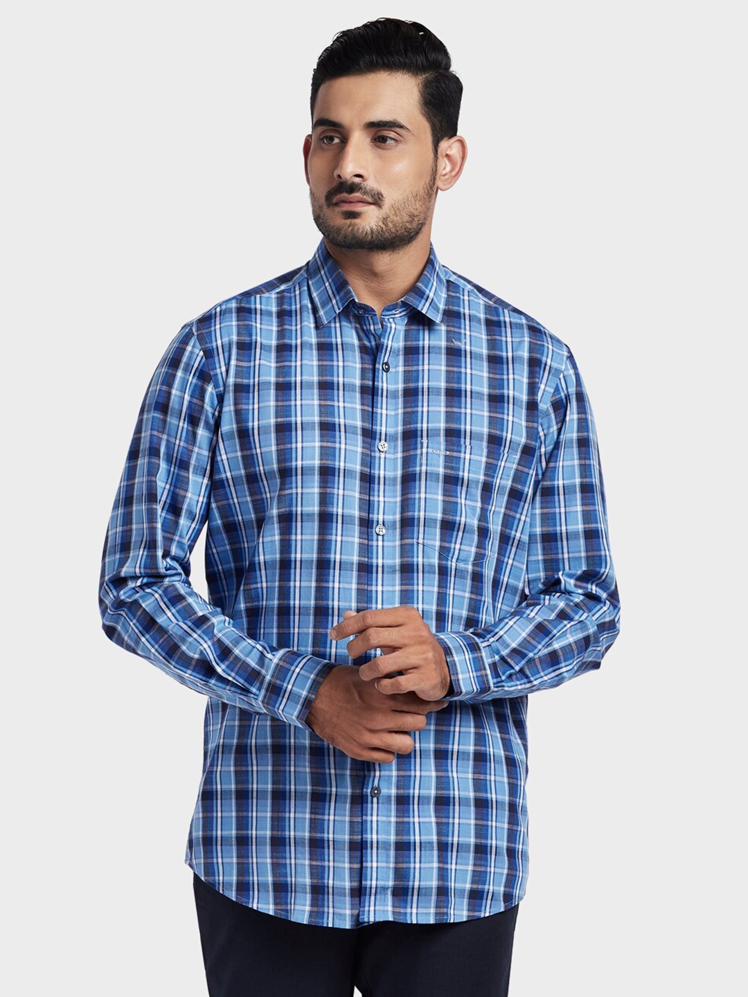 

ColorPlus Men Blue Tailored Fit Checked Casual Shirt