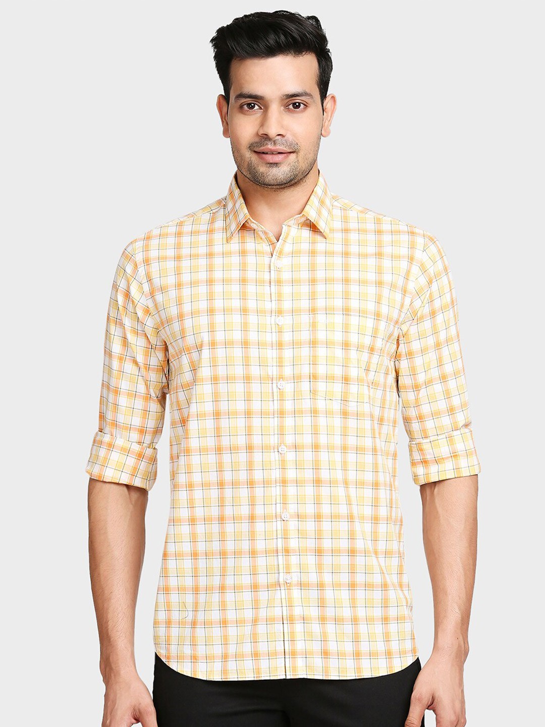 

ColorPlus Men Yellow Tailored Fit Checked Casual Shirt