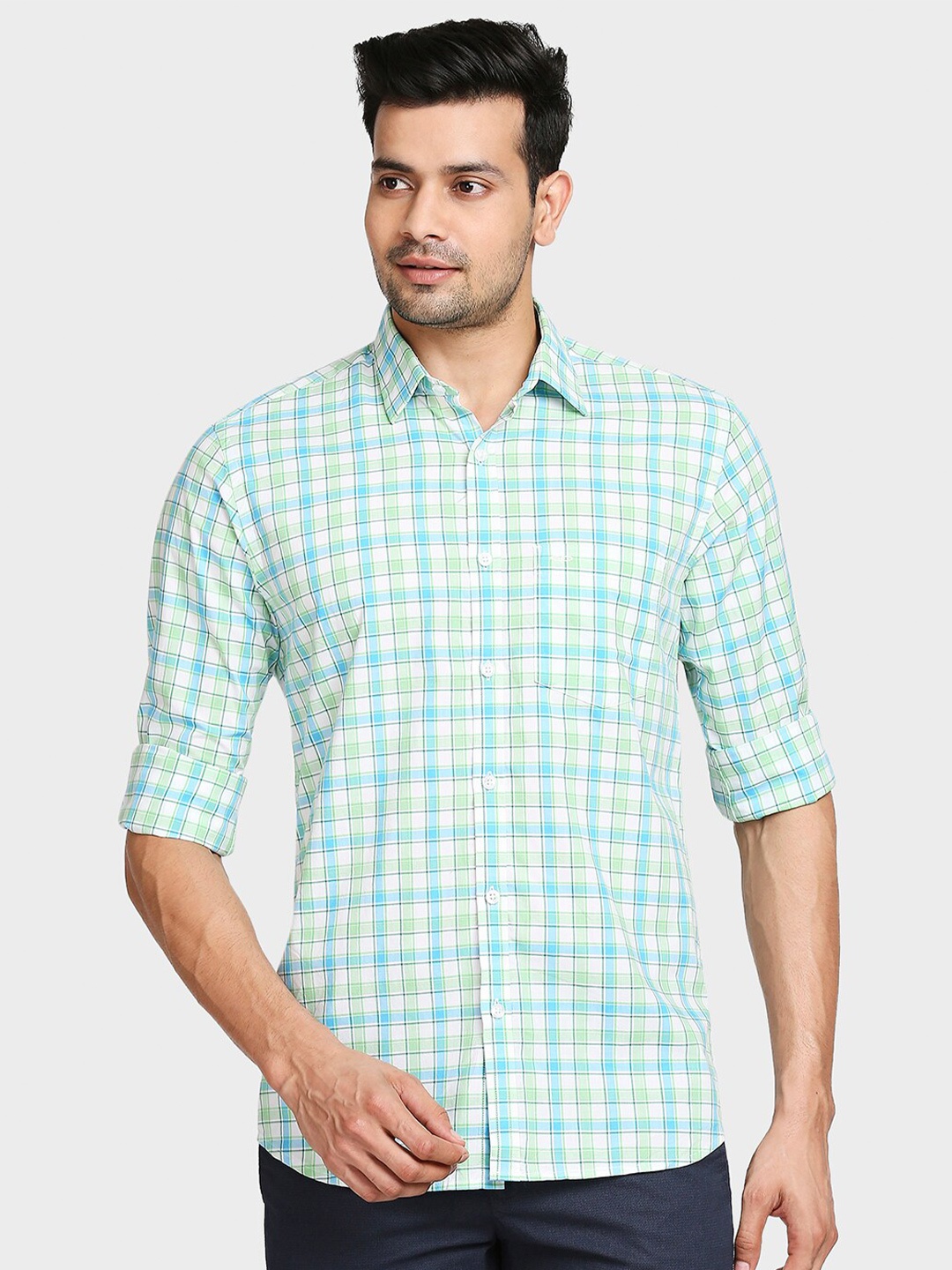 

ColorPlus Men Green Tailored Fit Checked Casual Shirt