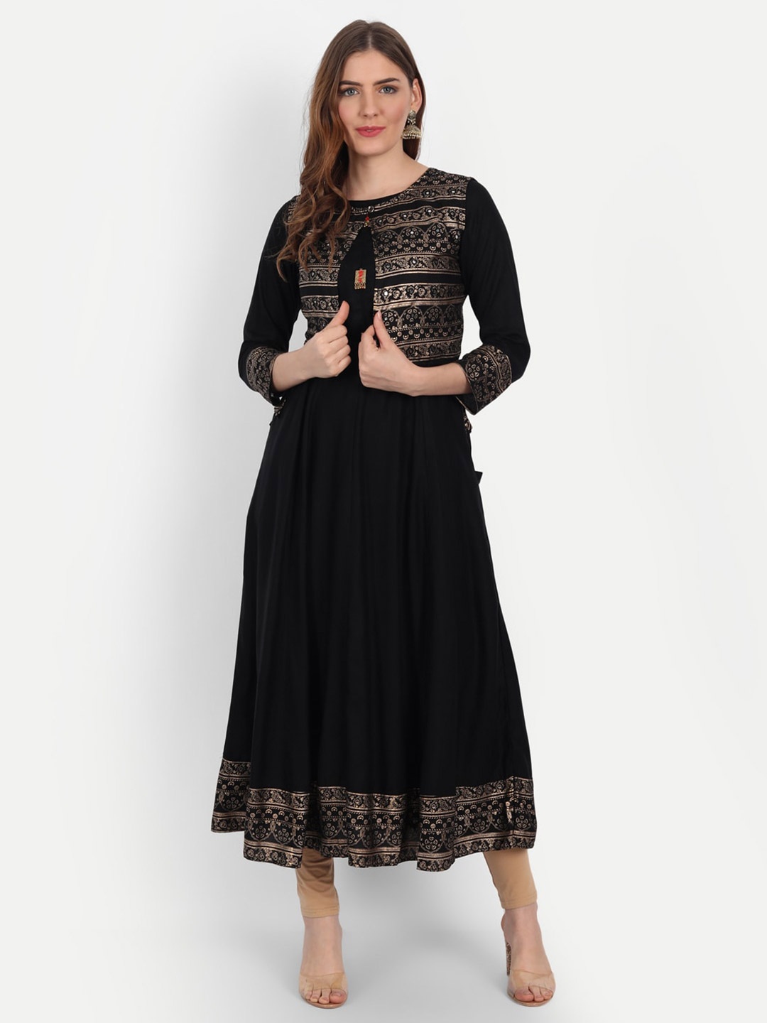 

Happy Design Women Black & Gold-Toned Ethnic Motifs Printed Mirror Work Anarkali Kurta
