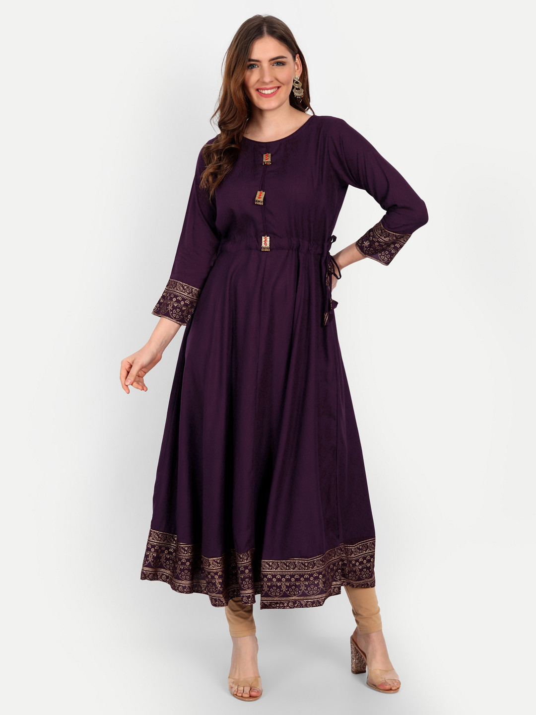 

Happy Design Women Purple & Gold-Toned Ethnic Motifs Printed Anarkali Kurta With Jacket