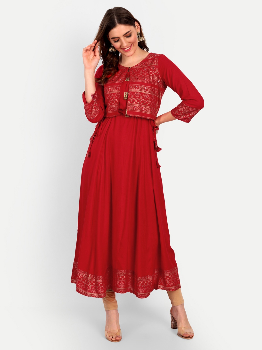 

Happy Design Women Red Floral Printed Floral Anarkali Kurta With Jacket