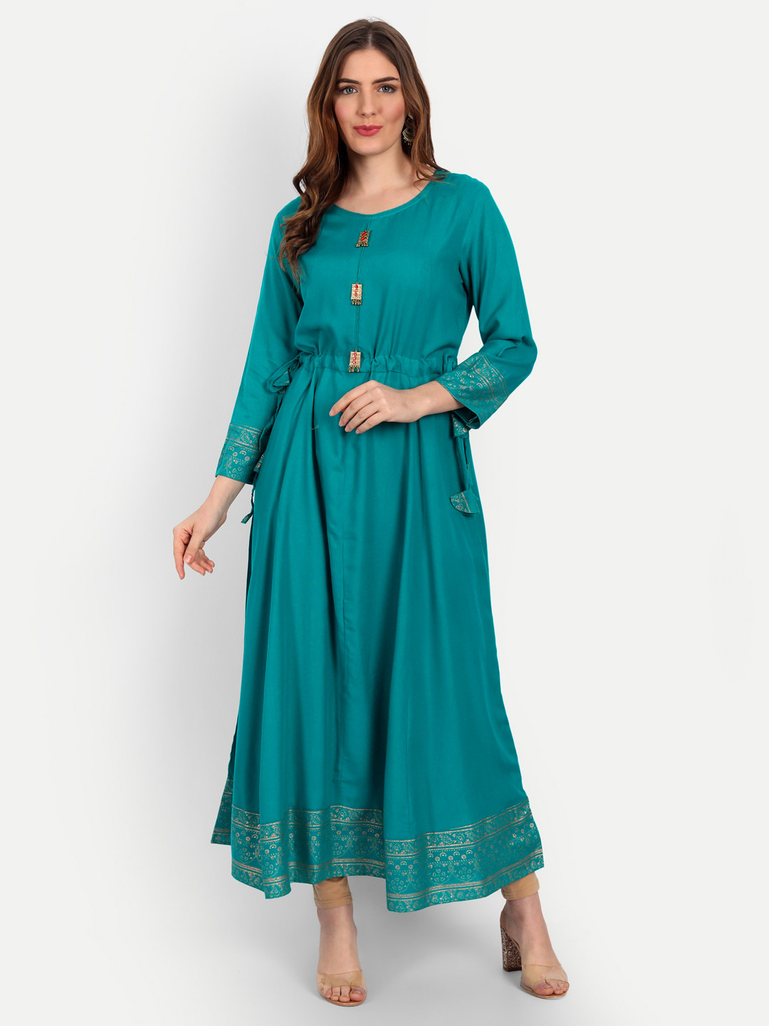 

Happy Design Women Turquoise Blue Printed Anarkali Kurta With Jacket
