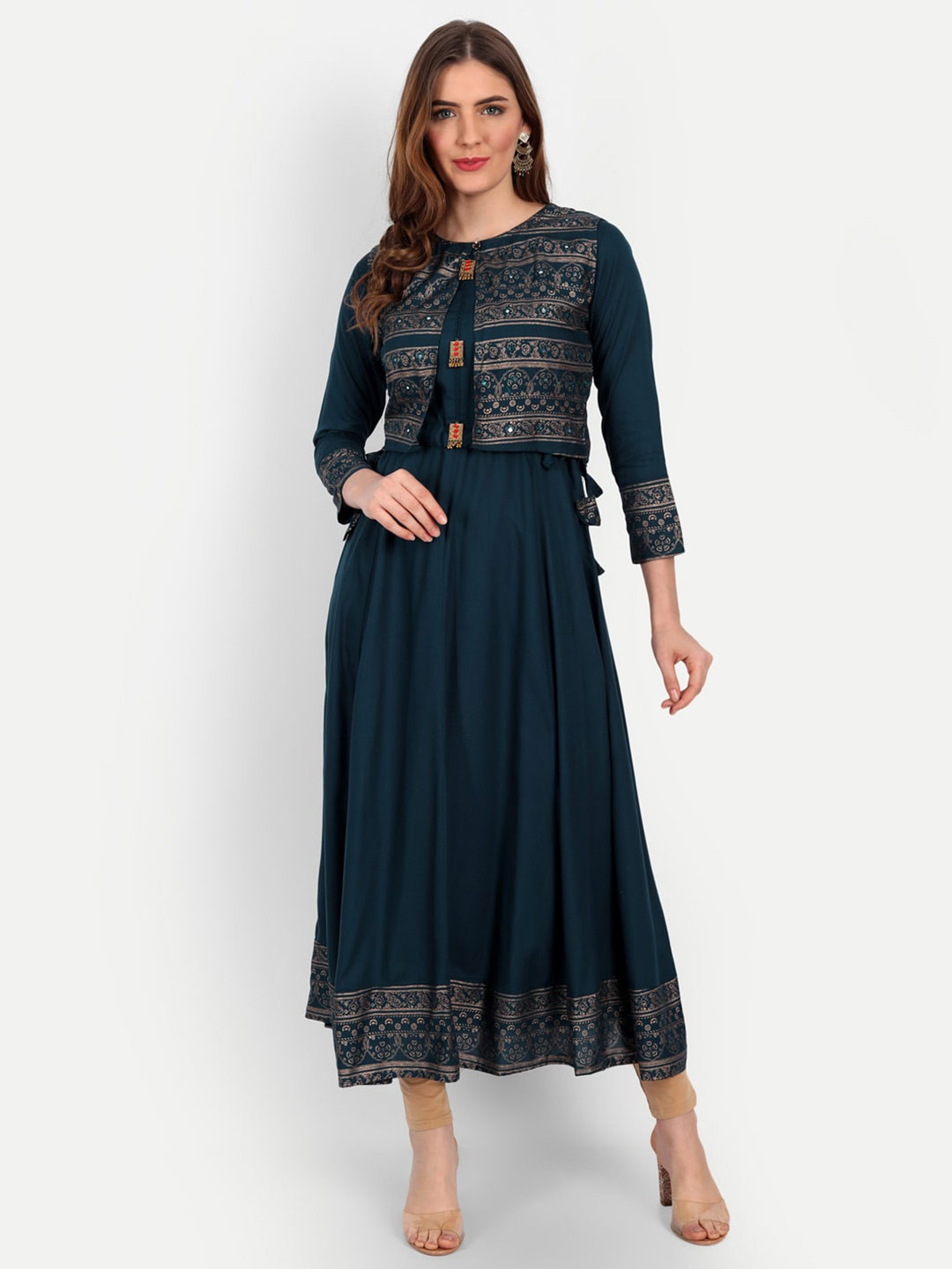 

Happy Design Women Teal & Gold-Toned Printed Mirror Work Anarkali Kurta with jacket