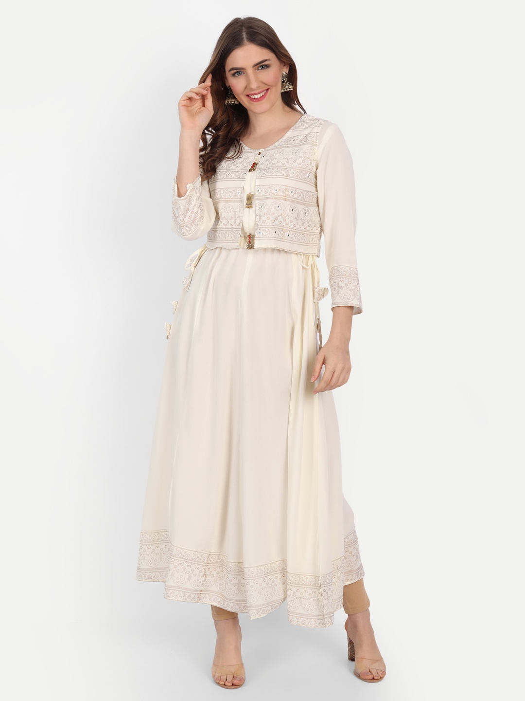 

Happy Design Women White Floral Printed Mirror Work Anarkali with jacket