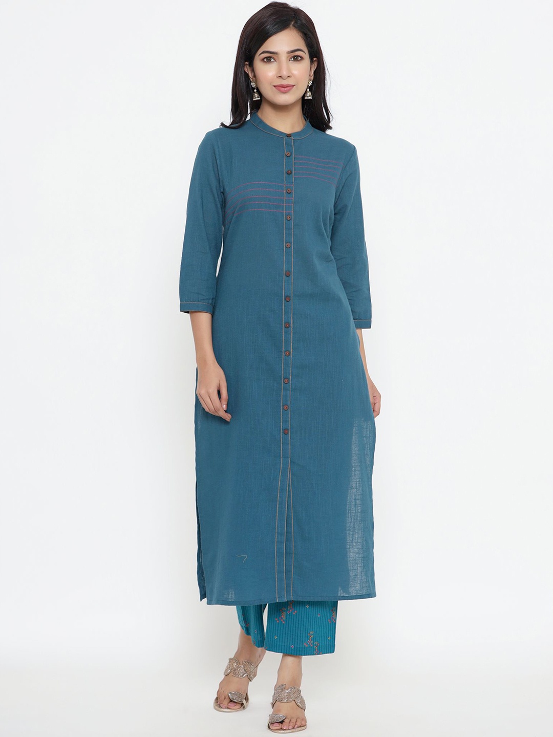 

Sutidora Women Blue High Slit Pure Cotton Kurta with Trousers