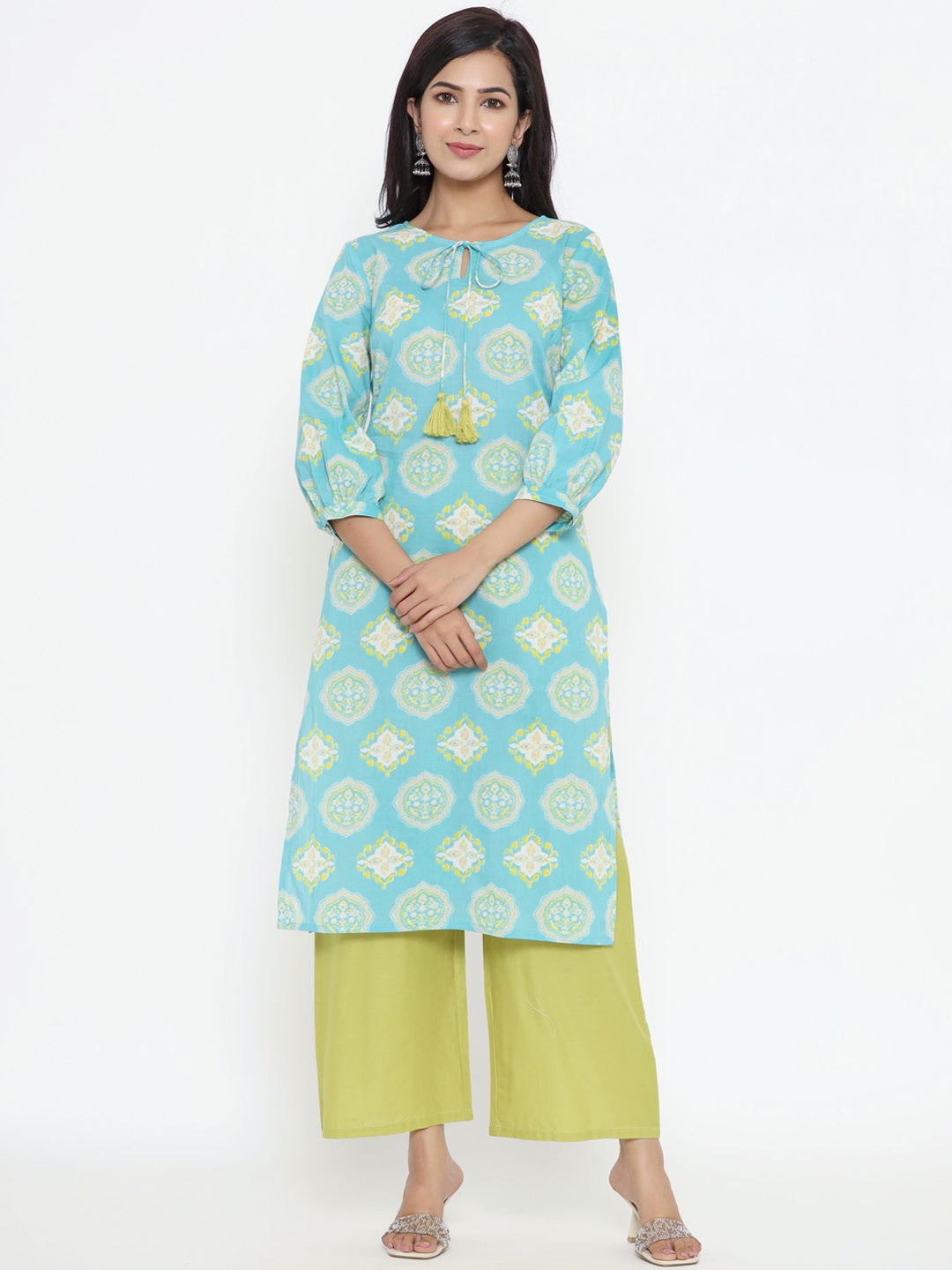 

Sutidora Women Turquoise Blue Ethnic Motifs Pure Cotton Kurta with Palazzos