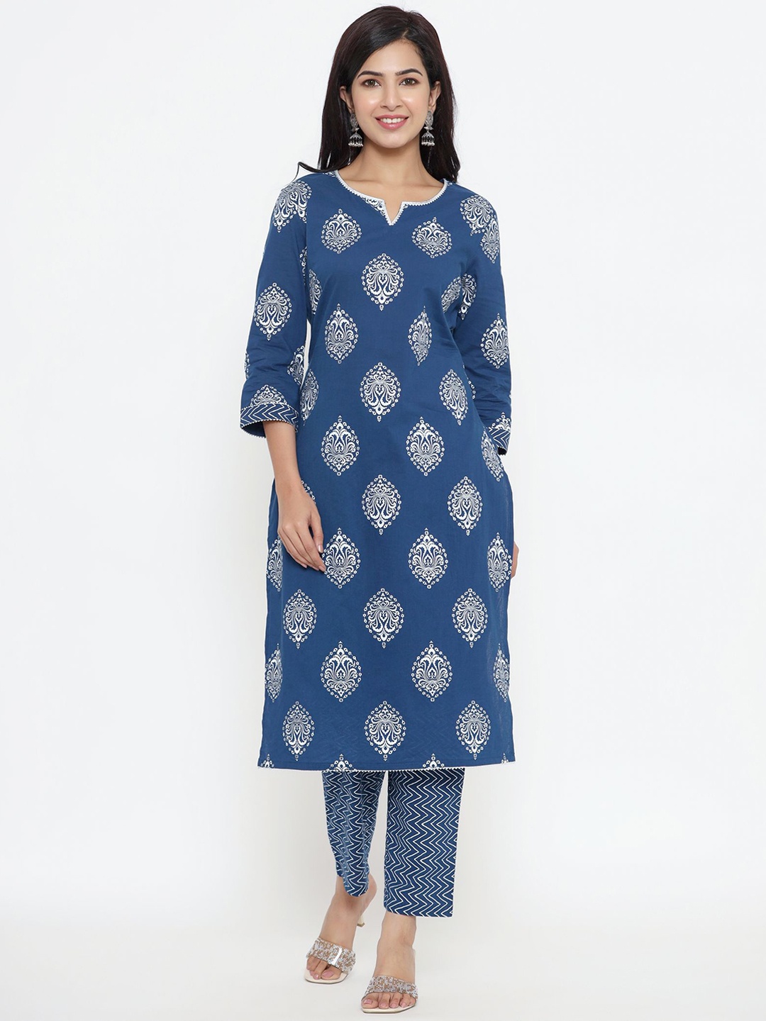 

Sutidora Women Blue Ethnic Motifs Printed Pure Cotton Kurta with Trousers