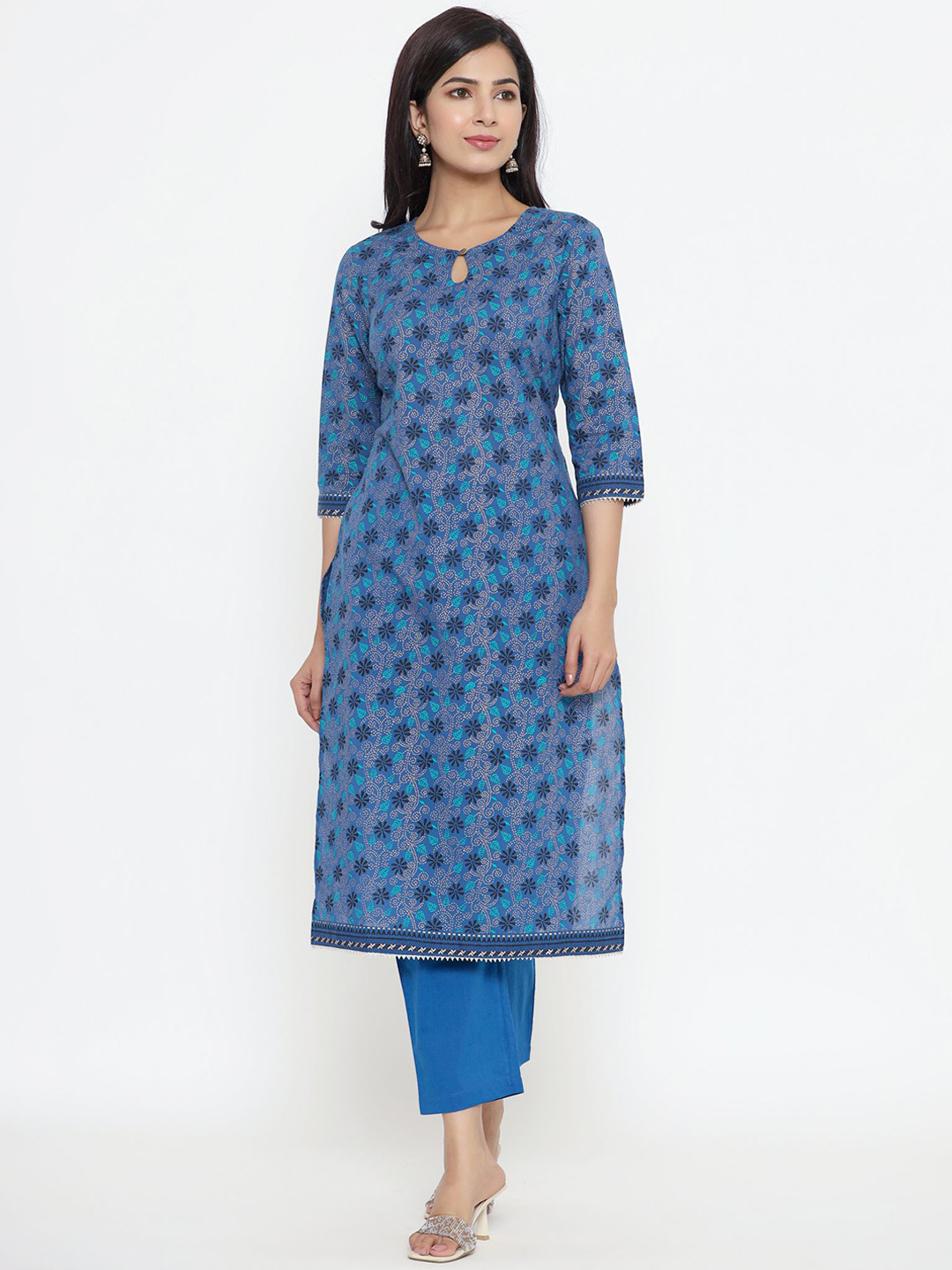 

Sutidora Women Blue Floral Printed Pleated Pure Cotton Kurta with Trousers