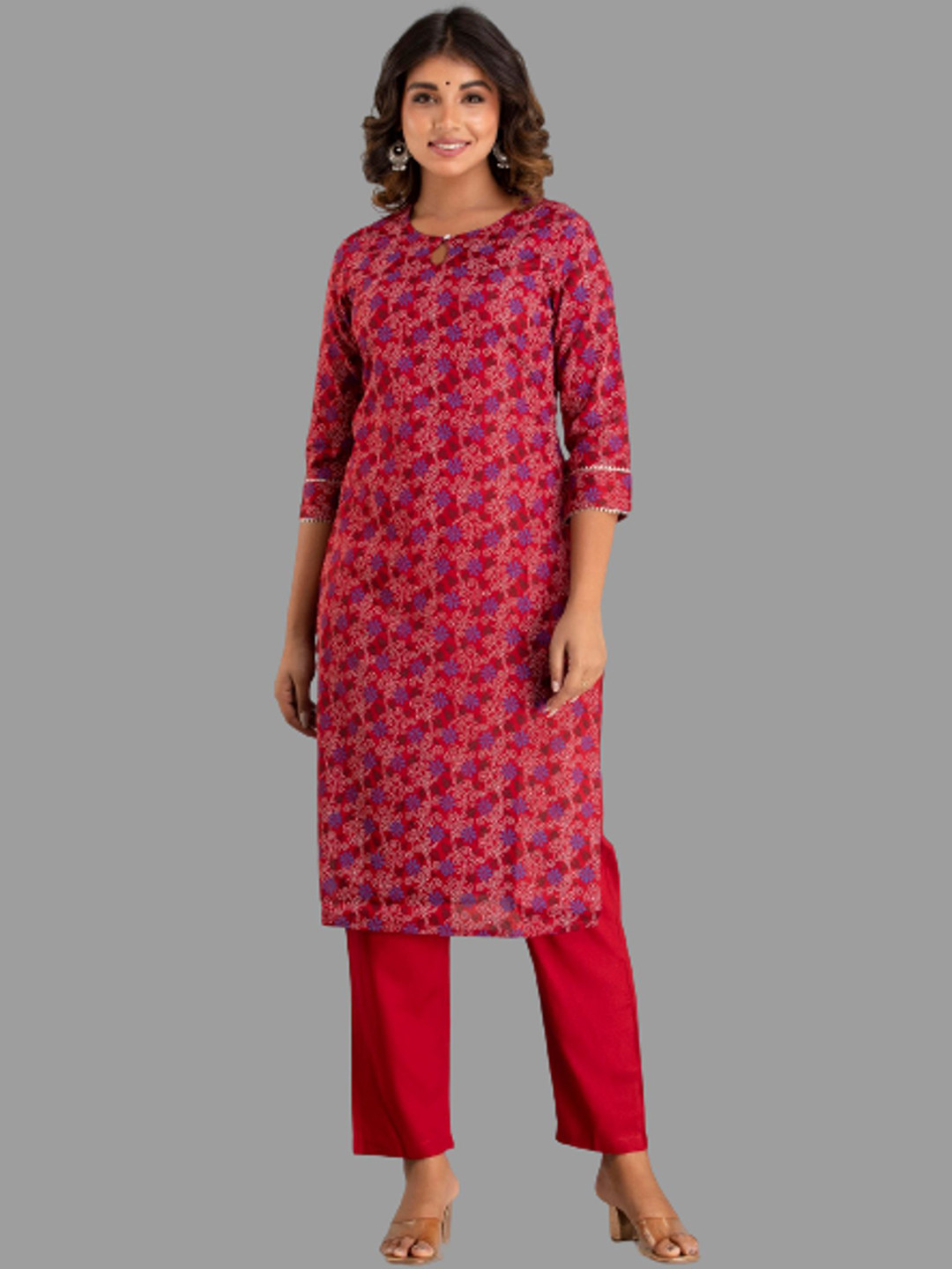 

Sutidora Women Red Floral Pure Cotton Kurta with Trousers