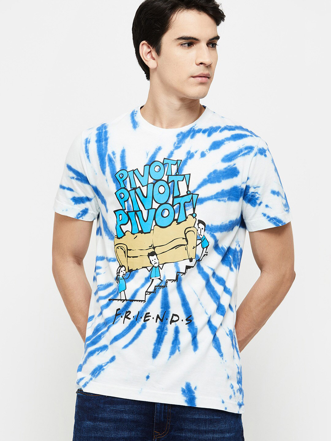 

max Men Blue Printed Raw Edge T-shirt