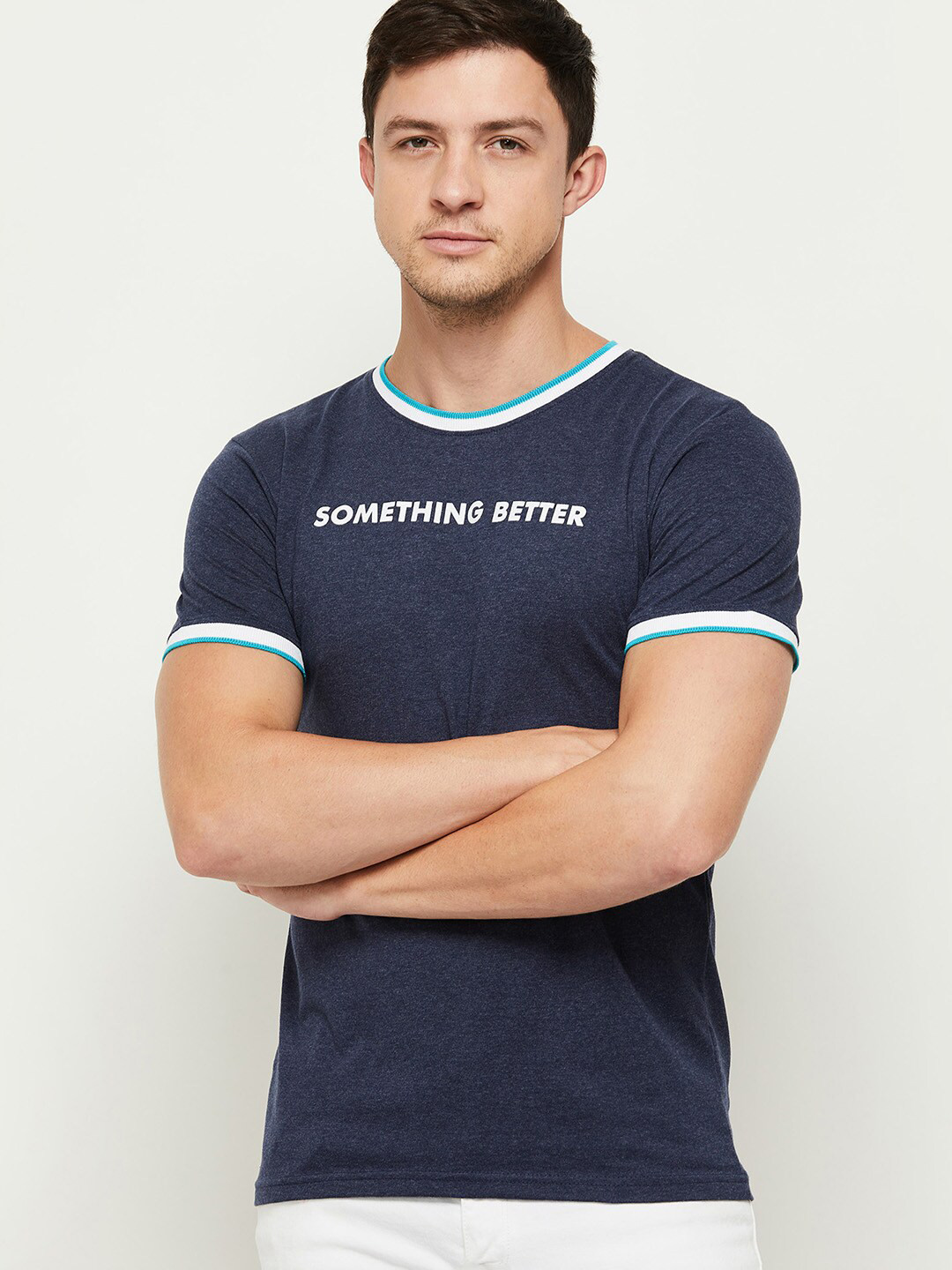 

max Men Blue Typography Printed T-shirt