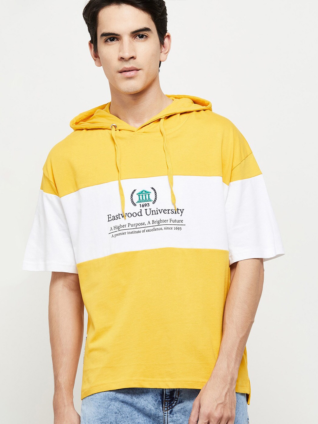 

max Men Yellow & White Colourblocked Drop-Shoulder Sleeves 100% Cotton T-shirt