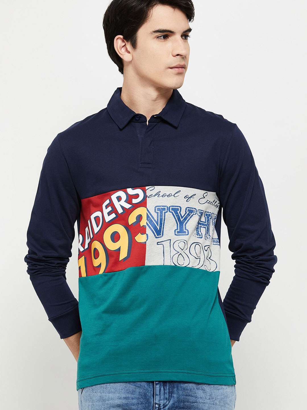 

Max Men Blue & Green Typography Colour-blocked Polo Collar Cotton T-shirt