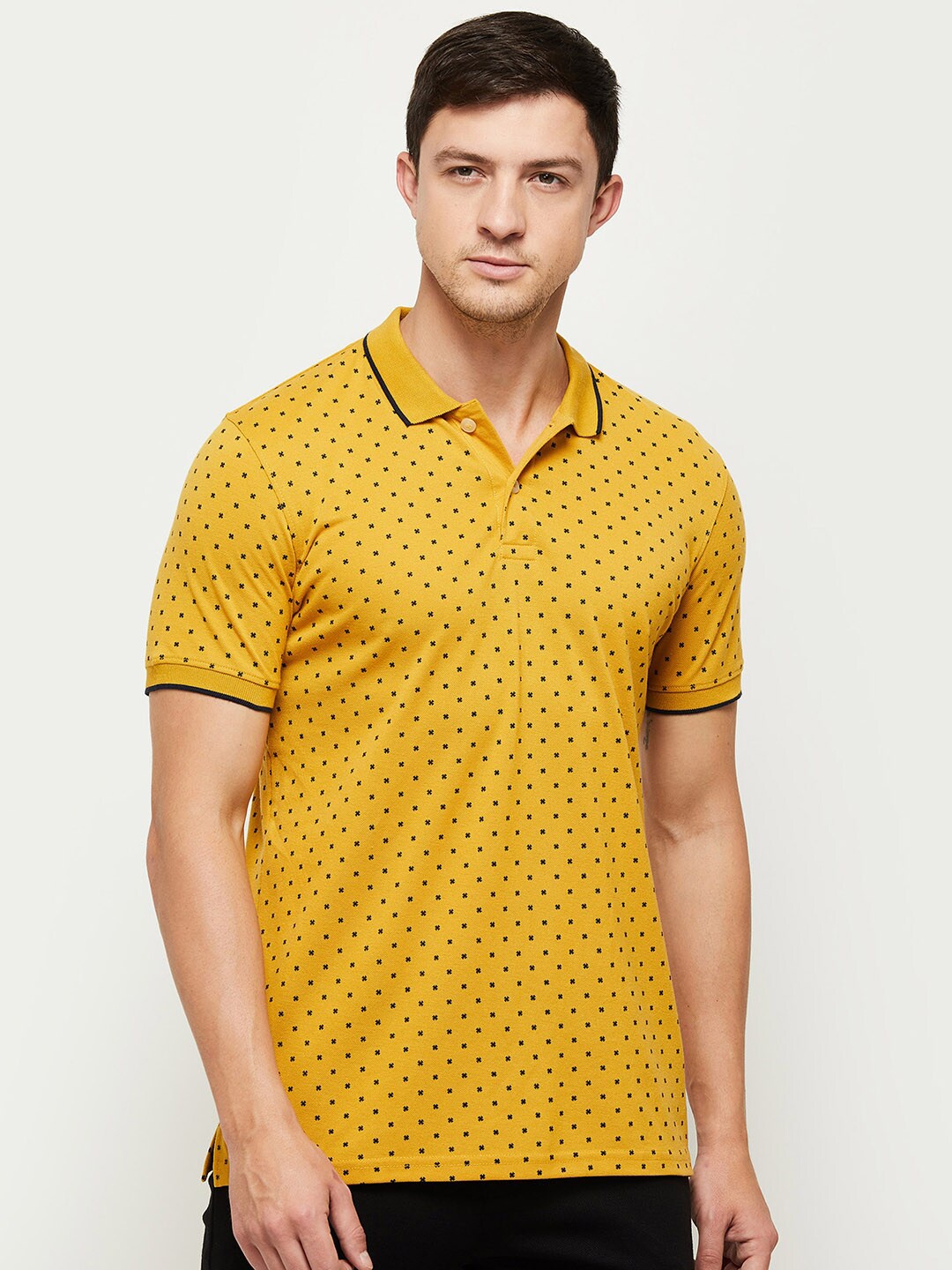 

max Men Mustard Yellow Printed Polo Collar T-shirt