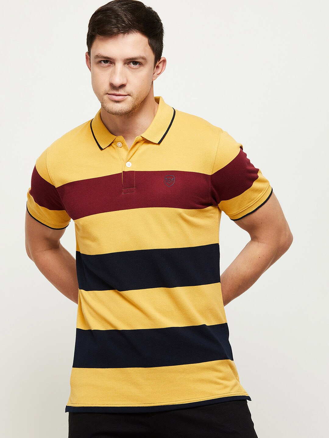 

max Men Mustard Yellow & sahara sun Striped Polo Collar Applique T-shirt