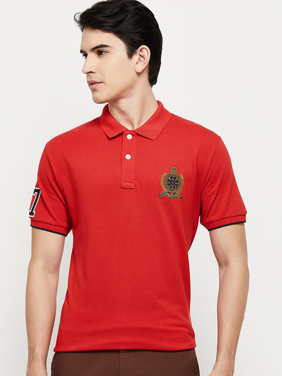 

max Men Red Polo Collar Applique T-shirt