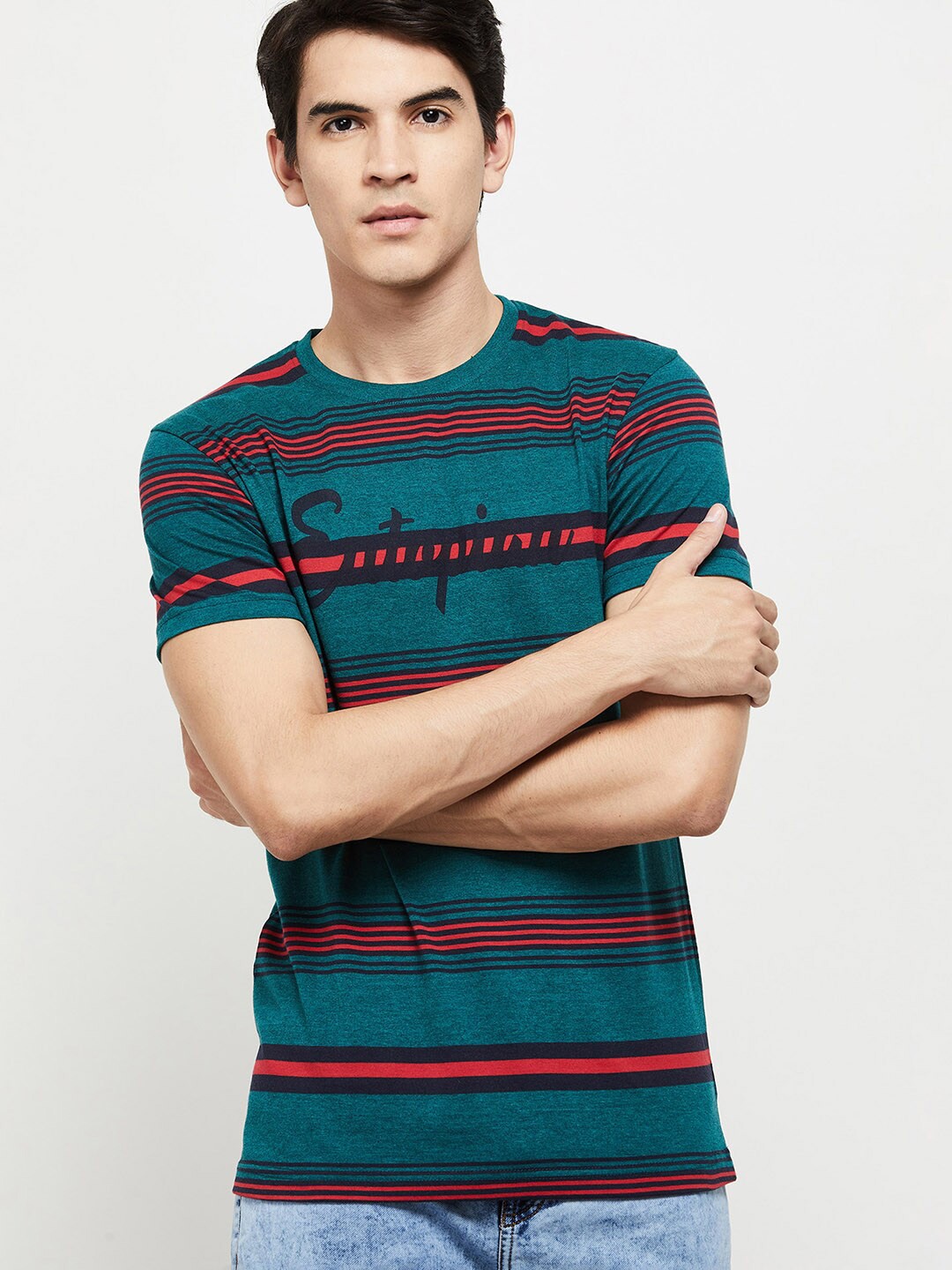 

Max Men Green Striped Half Sleeves T-shirt