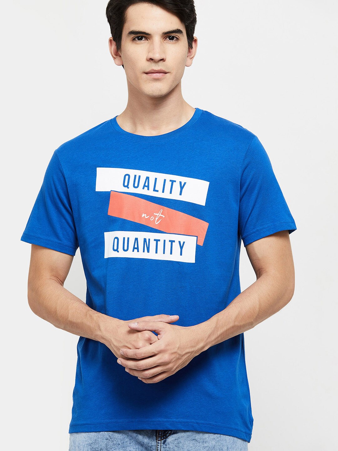

max Men Blue & denim Printed T-shirt