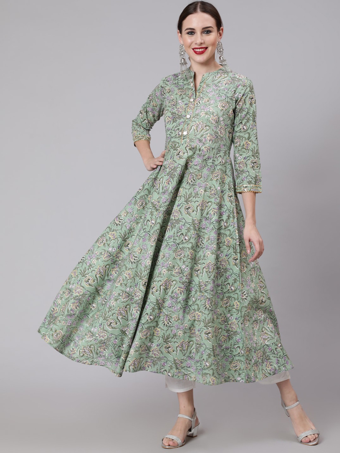 

GLAM ROOTS Women Green Floral Printed Anarkali Kurta