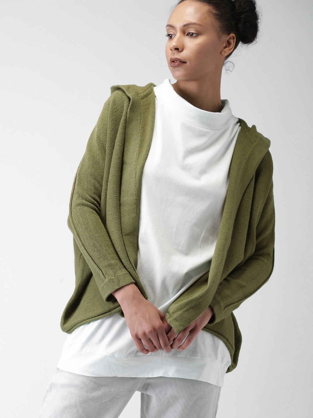 

FOREVER 21 Women Olive Green Solid Front-Open Hooded Sweater