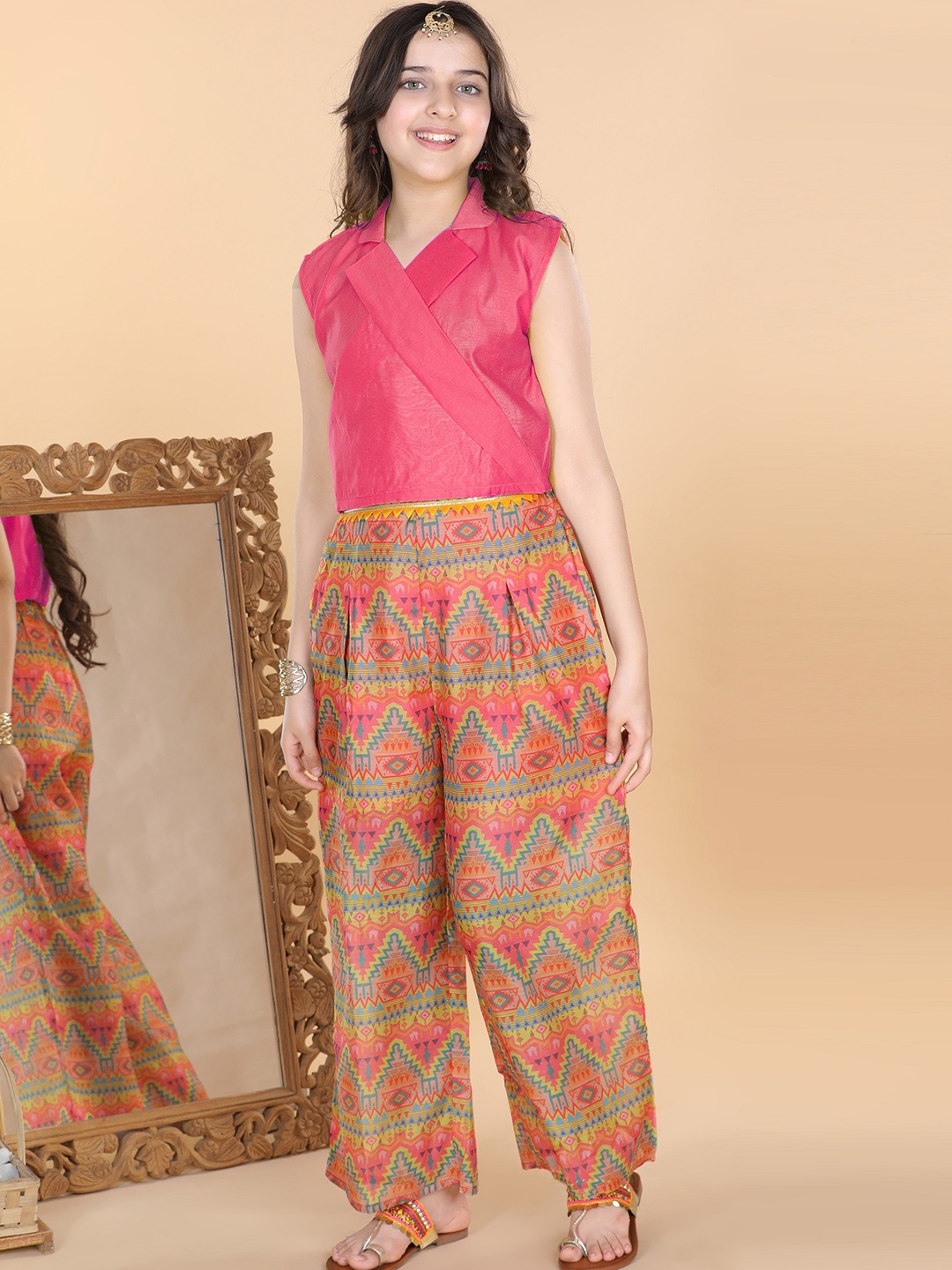 

ADIVA Girls Pink Crop Top with Floral Printed Straight Palazzo