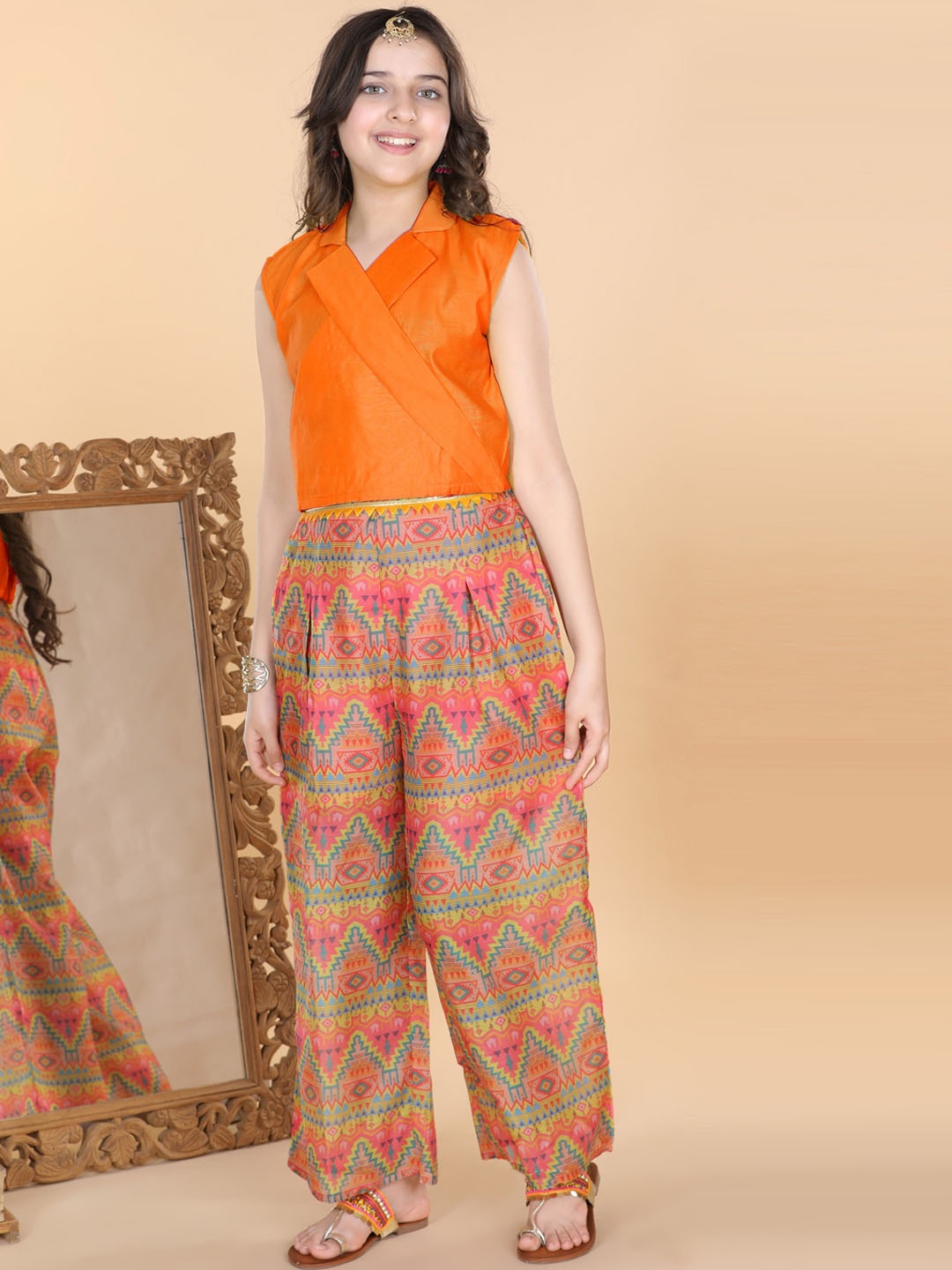

ADIVA Girls Orange Crop Top With Chevron Print Staright Palazzo