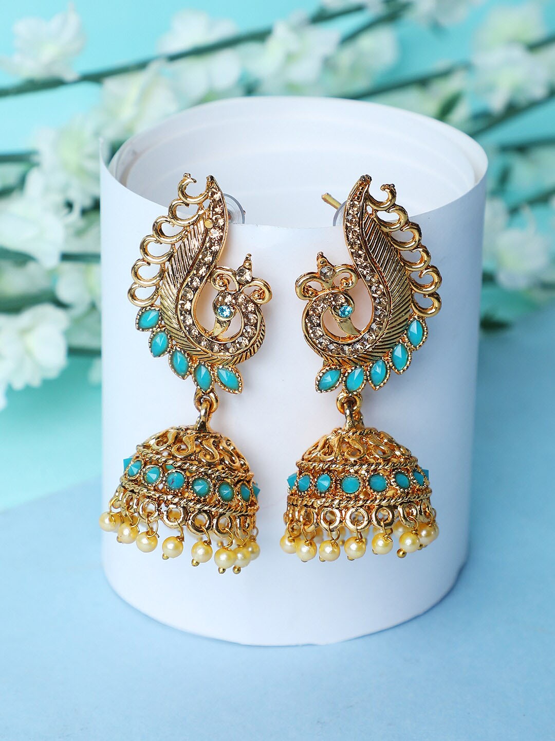 

ANIKAS CREATION Turquoise Blue Peacock Shaped Jhumkas Earrings