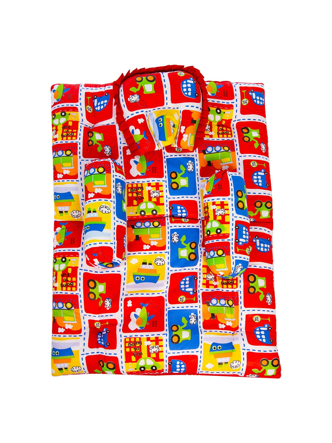 

MeeMee Infant Kids Red Printed Baby Mattress Set With Neck Pillow and Bolsters
