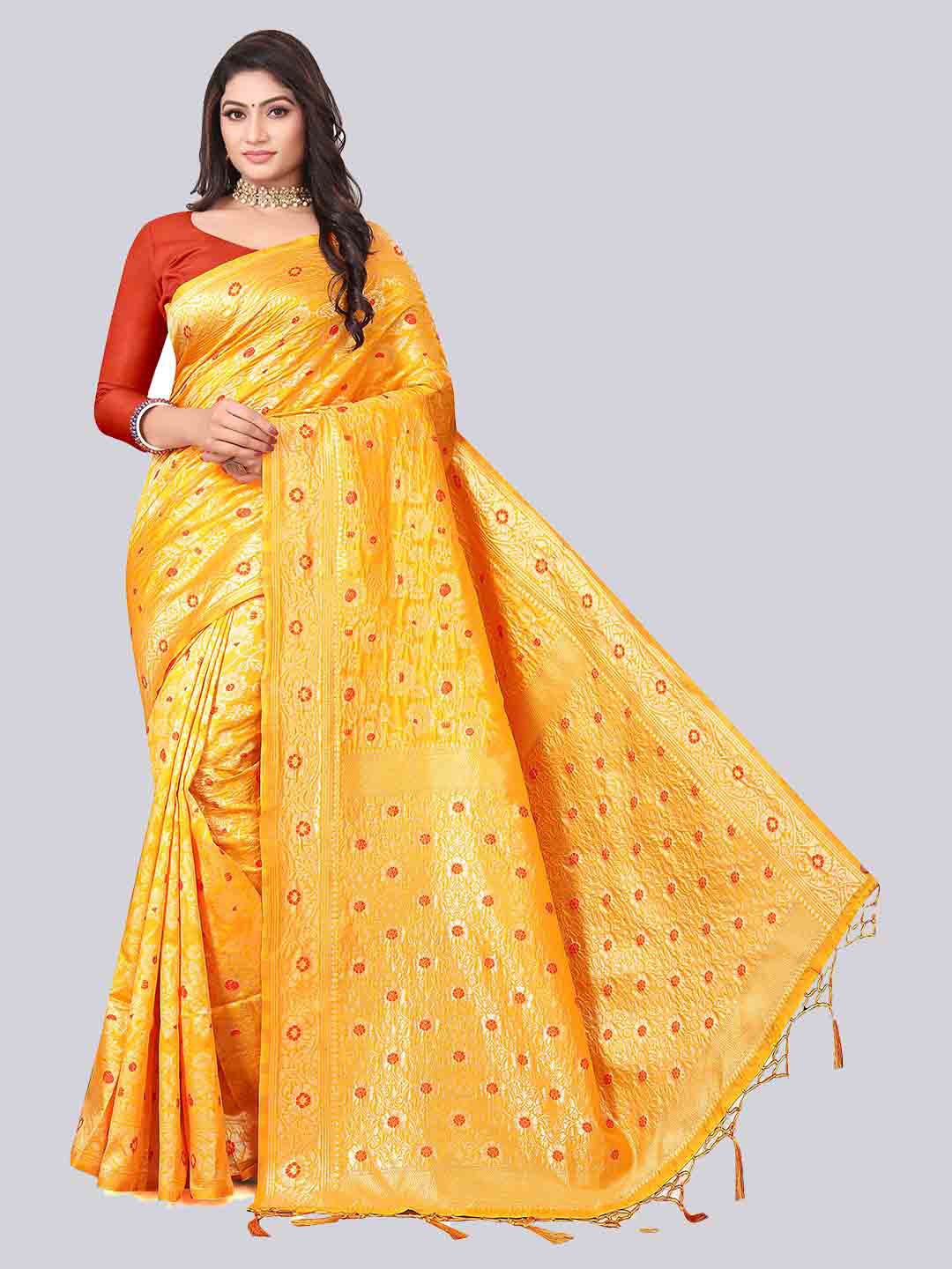 

TIEXA Yellow & Red Woven Design Zari Silk Blend Banarasi Saree