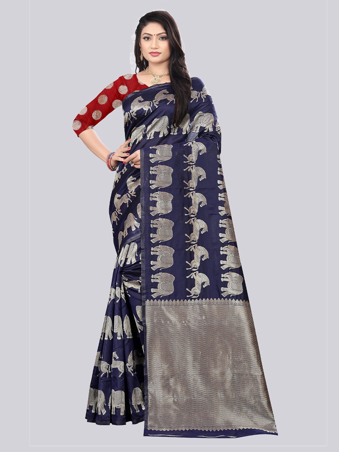 

TIEXA Navy Blue & Gold-Toned Woven Design Zari Pure Silk Banarasi Saree