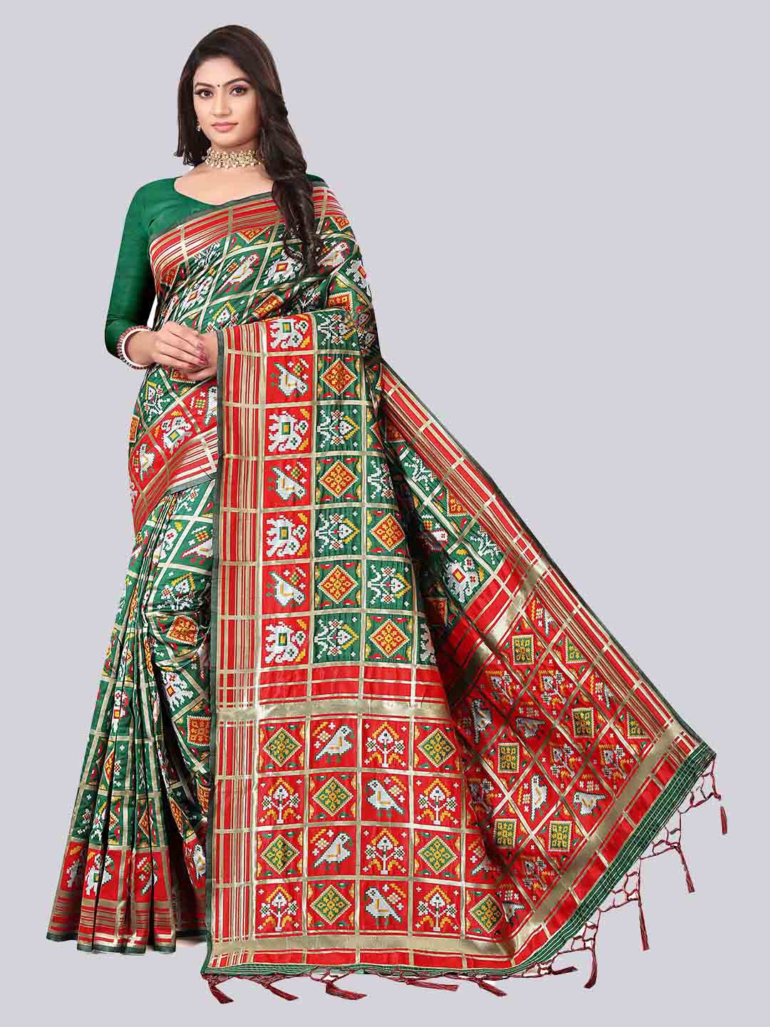 

TIEXA Green & Red Ethnic Motifs Zari Silk Blend Patola Saree