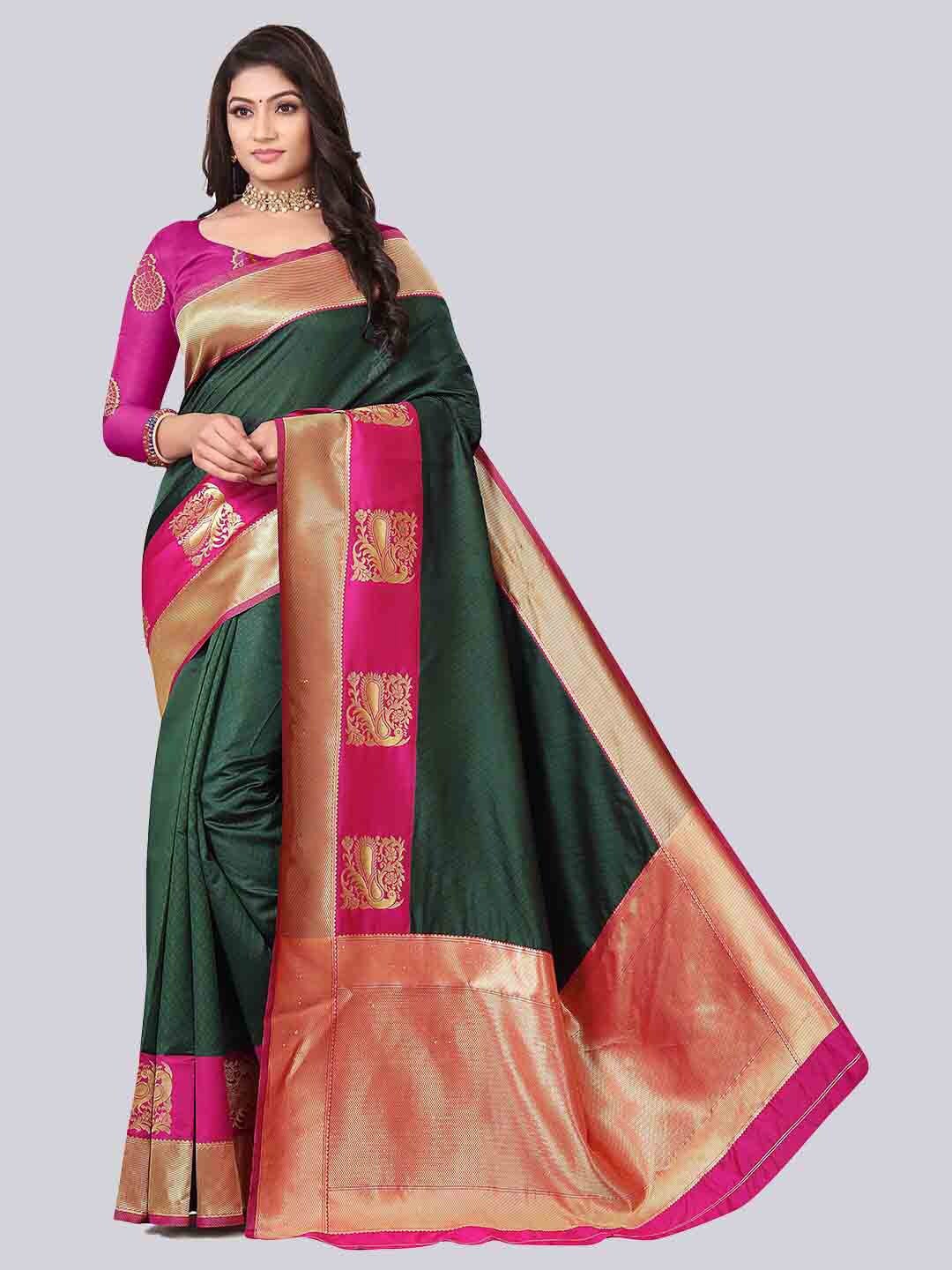 

TIEXA Green & Pink Woven Design Zari Silk Blend Banarasi Saree