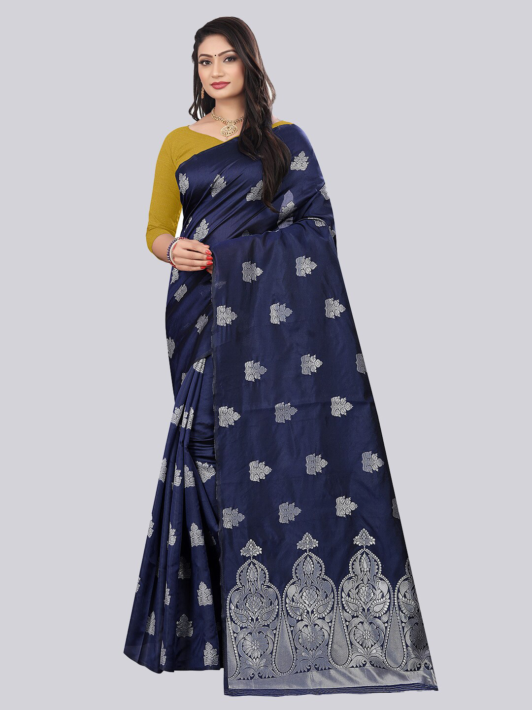 

TIEXA Women Navy Blue & Silver-Toned Woven Design Zari Silk Blend Banarasi Saree