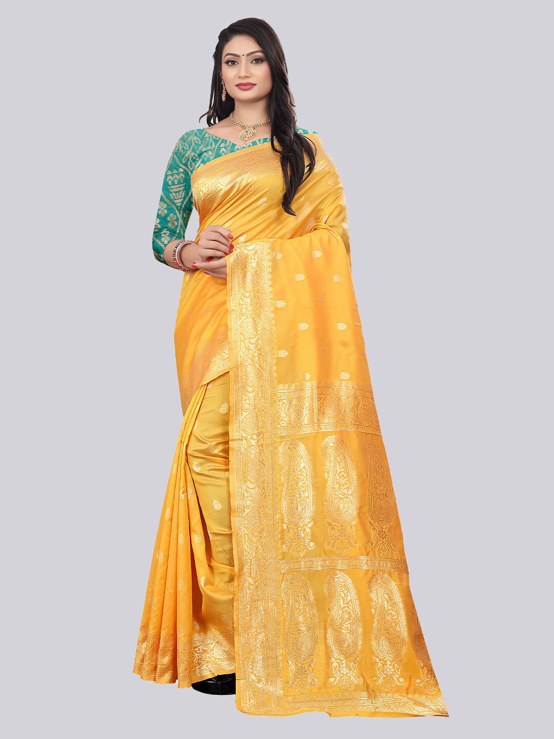 

TIEXA Yellow & Gold-Toned Woven Design Zari Pure Cotton Banarasi Saree
