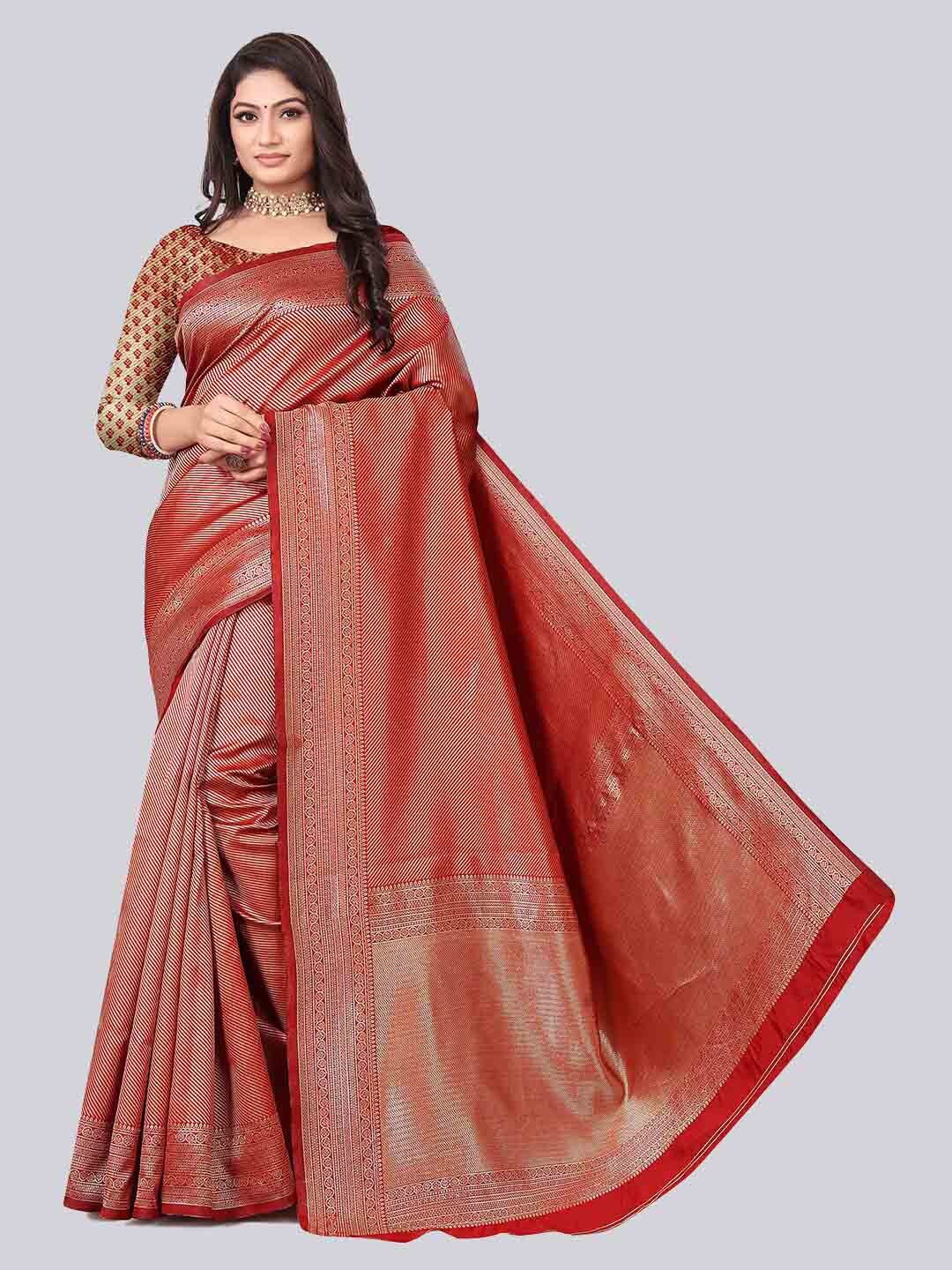 

TIEXA Red & Silver-Toned Woven Design Zari Pure Cotton Banarasi Saree