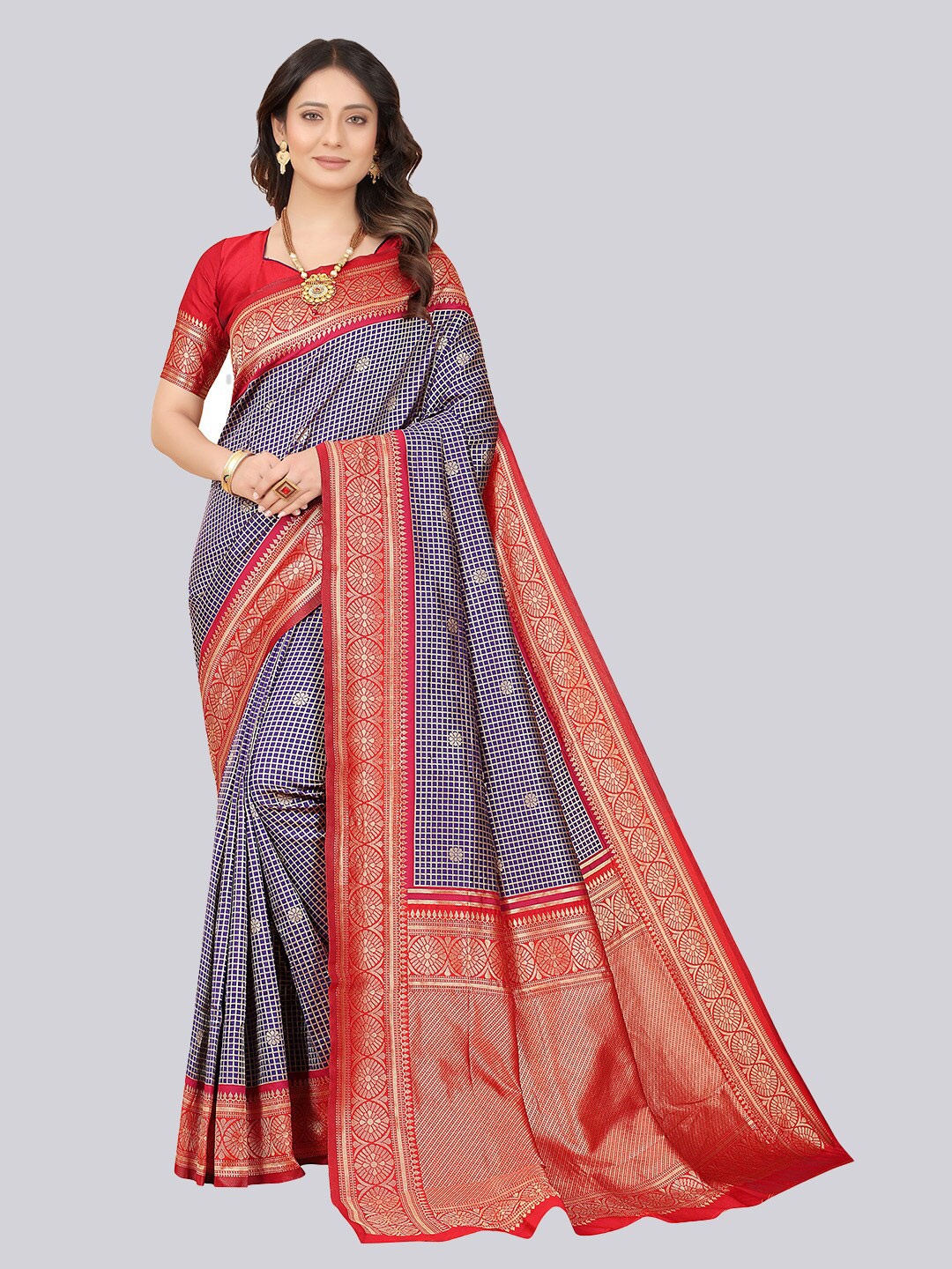 

TIEXA Blue & Red Woven Design Zari Pure Cotton Banarasi Saree