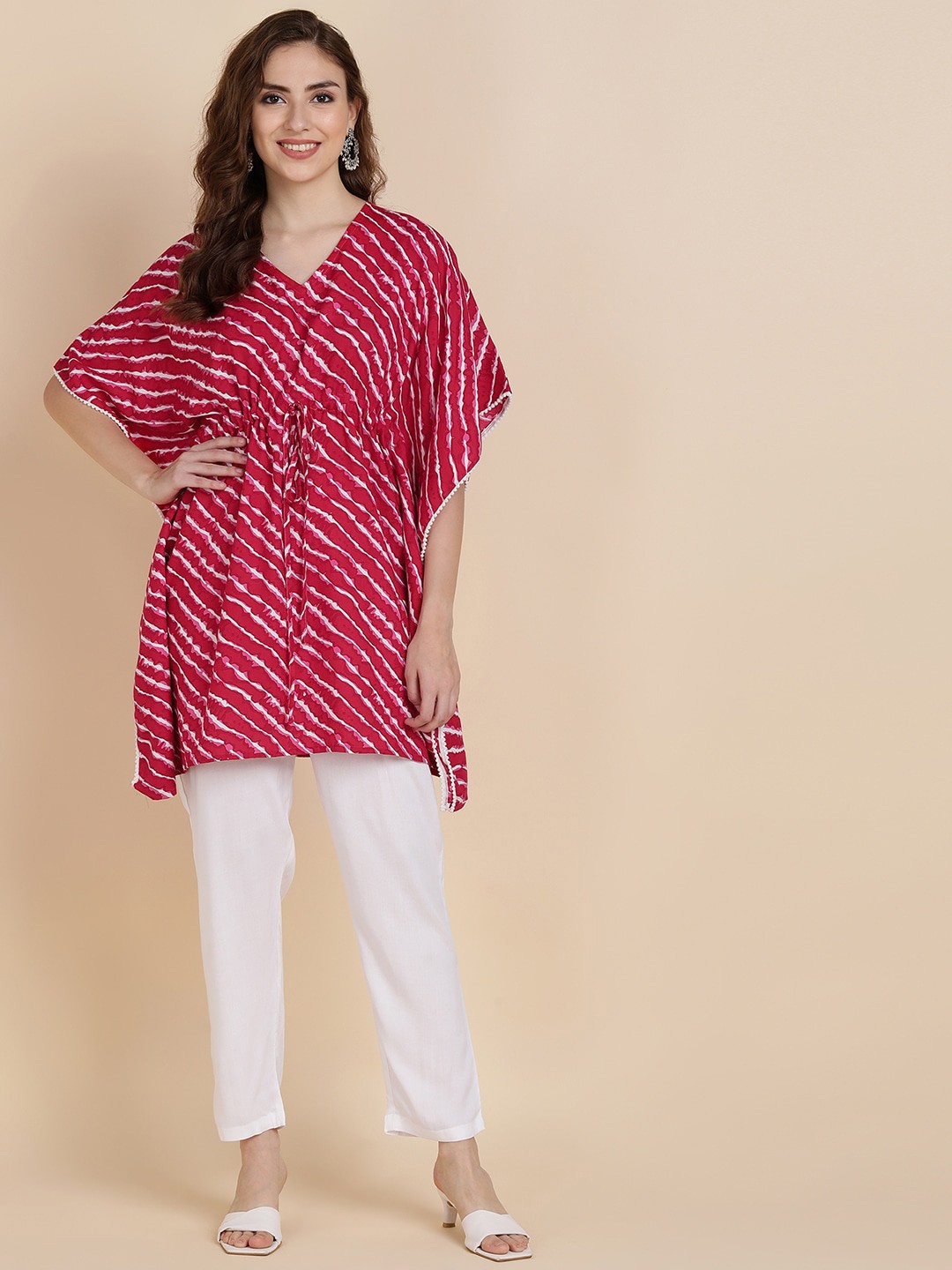 

Sangria Women Pink Printed Kaftan Pure Cotton Kurti with Trousers