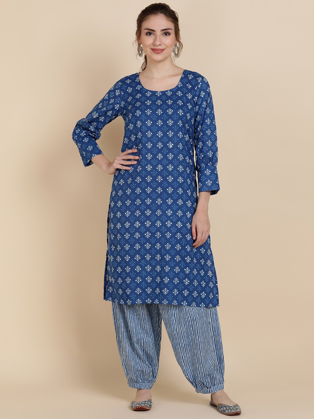 

Sangria Women Blue Ethnic Motifs Printed Pure Cotton Kurta with Salwar
