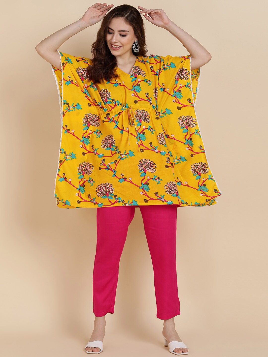 

Sangria Women Yellow Ethnic Motifs Printed Pure Cotton Kurti with Trousers