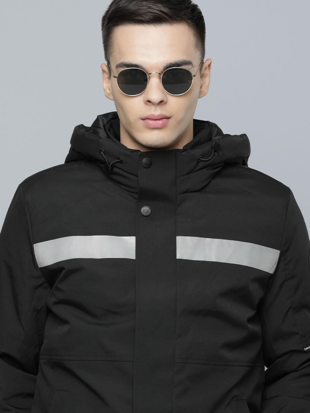 

Flying Machine Men Black Striped Hooded Puffer Jacket